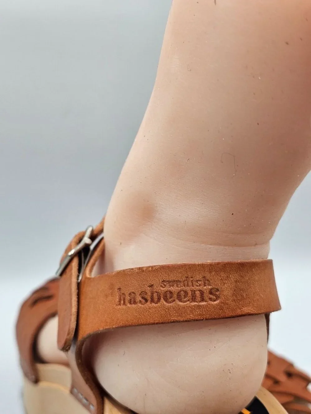 Swedish Hasbeens Womens Braided Tan Leather Sky High Wooden Clogs Sz 9.5 3719 - Picture 9 of 16